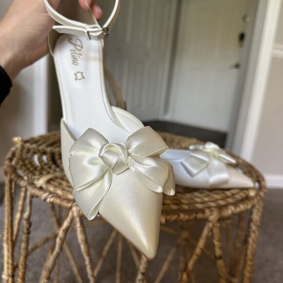 Satin Pointed Toe Bow Bridal Shoe Ankle Strap Block Heel Pelino EU 40 Greece - Picture 12 of 15